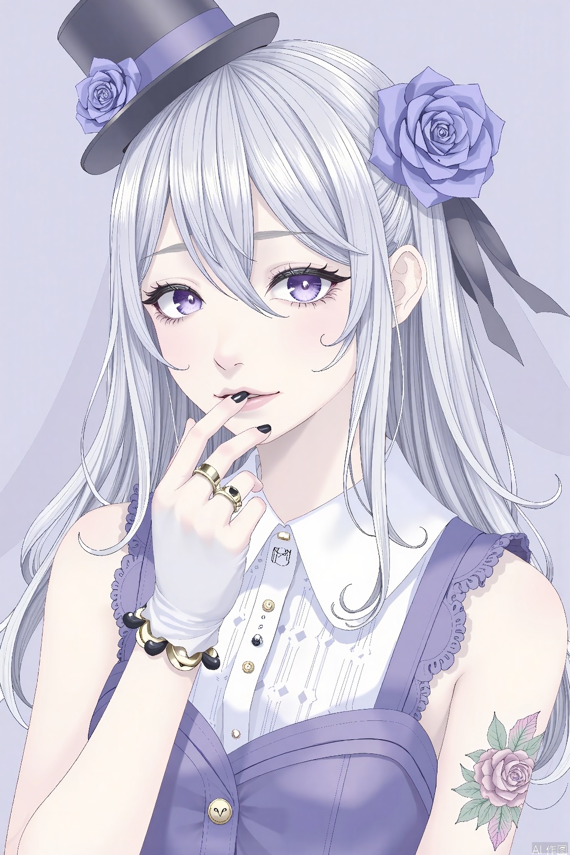1girl, solo, long hair, looking at viewer, bangs, shirt, hair ornament, gloves, hat, ribbon, hair between eyes, jewelry, purple eyes, white shirt, upper body, flower, white hair, grey hair, parted lips, sleeveless, hand up, nail polish, black headwear, tattoo, rose, ring, black nails, veil, purple background, blue flower, mini hat, top hat, multicolored eyes, purple flower, hat flower, blue rose, barcode, barcode tattoo