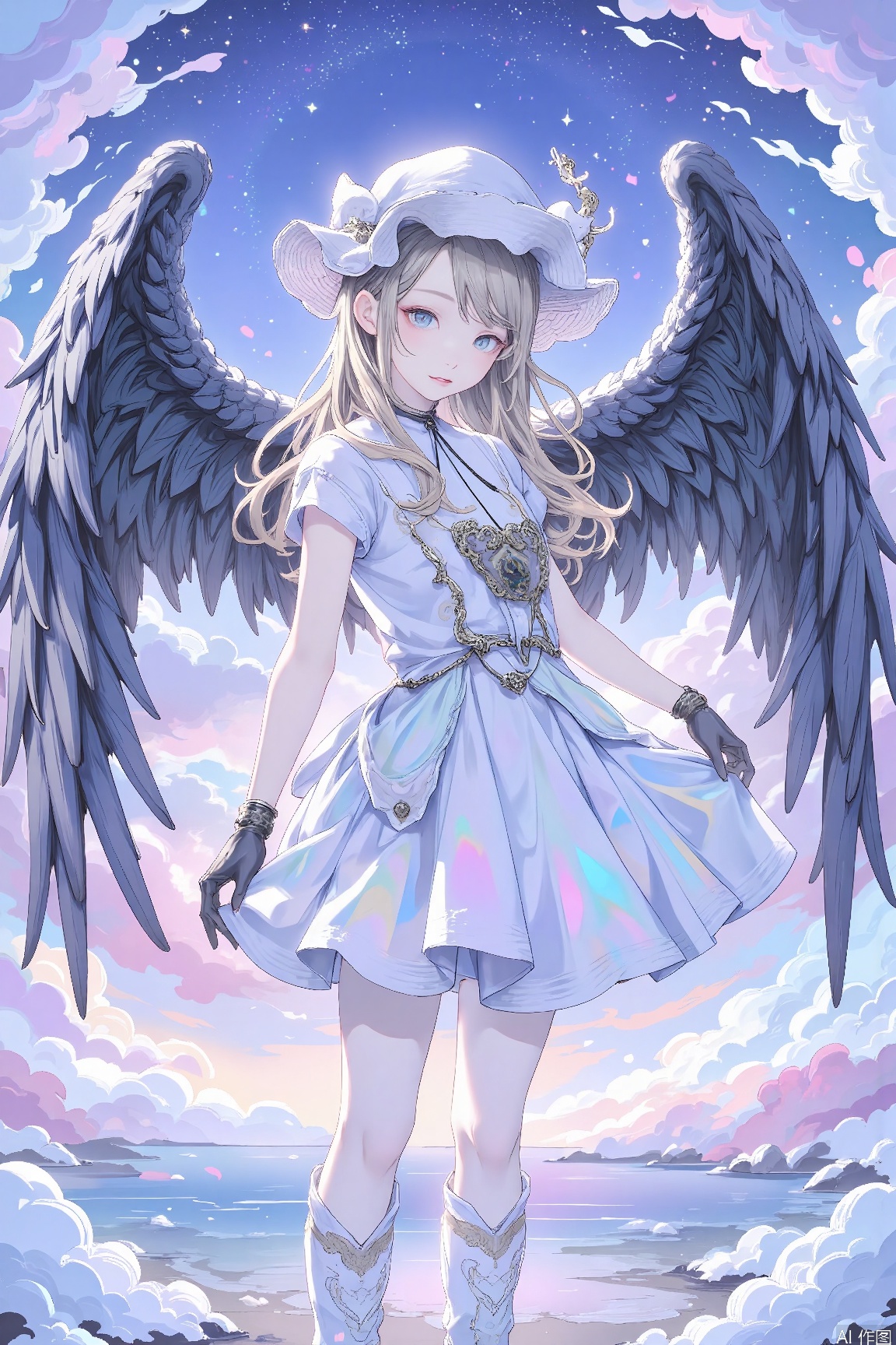 very awa,,748cmstyle,,748cm,,(taro-k:0.5),(opossumachine:0.3),(maccha \mochancc\:0.25),,,xxx667_illu,1girl,feathered wings,large wings,black wings,looking at viewer,head tilt,multicolored background,starry sky,hdr,pastel colors,iridescent,no lineart,realistic,masterpiece,[best quality:0.25],newest,absurdres,very aesthetic,best quality,year 2024,newest,,Phoebe \(Wuthering Waves\),clothes: Phoebe def white skirt and whit hat,white see-through pantyhose,1girl,solo,gloves,long blonde hair,long hair,black gloves,blue eyes,white boots,