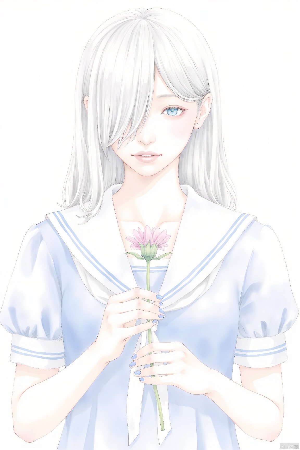  1girl,solo,holding flower,long hair,flower,holding,white sailor collar,hair over one eye,wrist cuffs,dress,short sleeves,parted lips,nail polish,looking at viewer,simple background,bangs,blue dress,sailor collar,white hair,upper body,eyes visible through hair,puffy short sleeves,puffy sleeves,white background,very long hair,sailor dress,blue nails,blue eyes,aqua eyes,aqua nails,watercolor with line