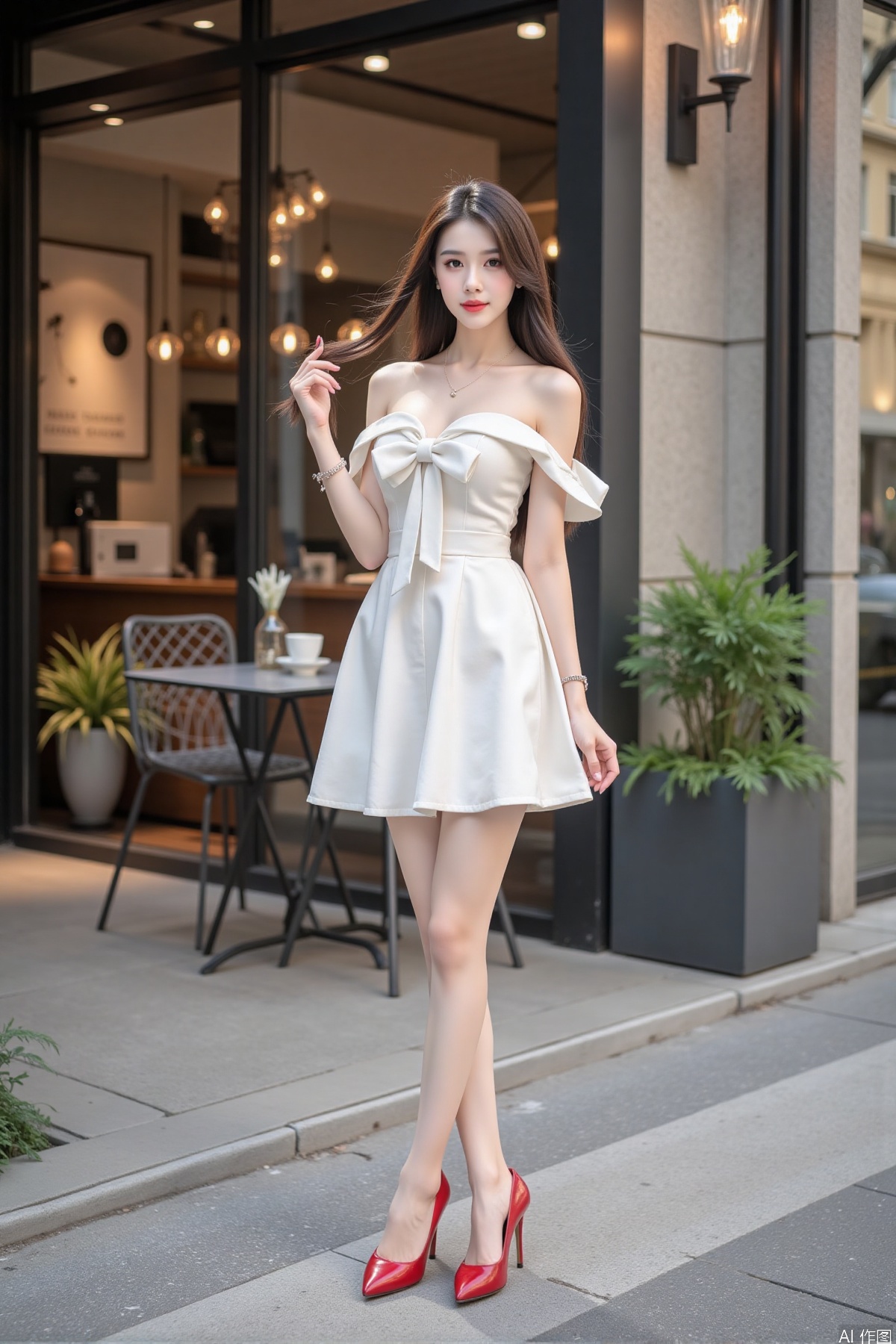 Realistic photo of a young woman with long hair, fair skin, big breasts, off-shoulder fashion dress, bow tie, long legs, red high heels, full body, modern city streets, coffee shop backgrounds,