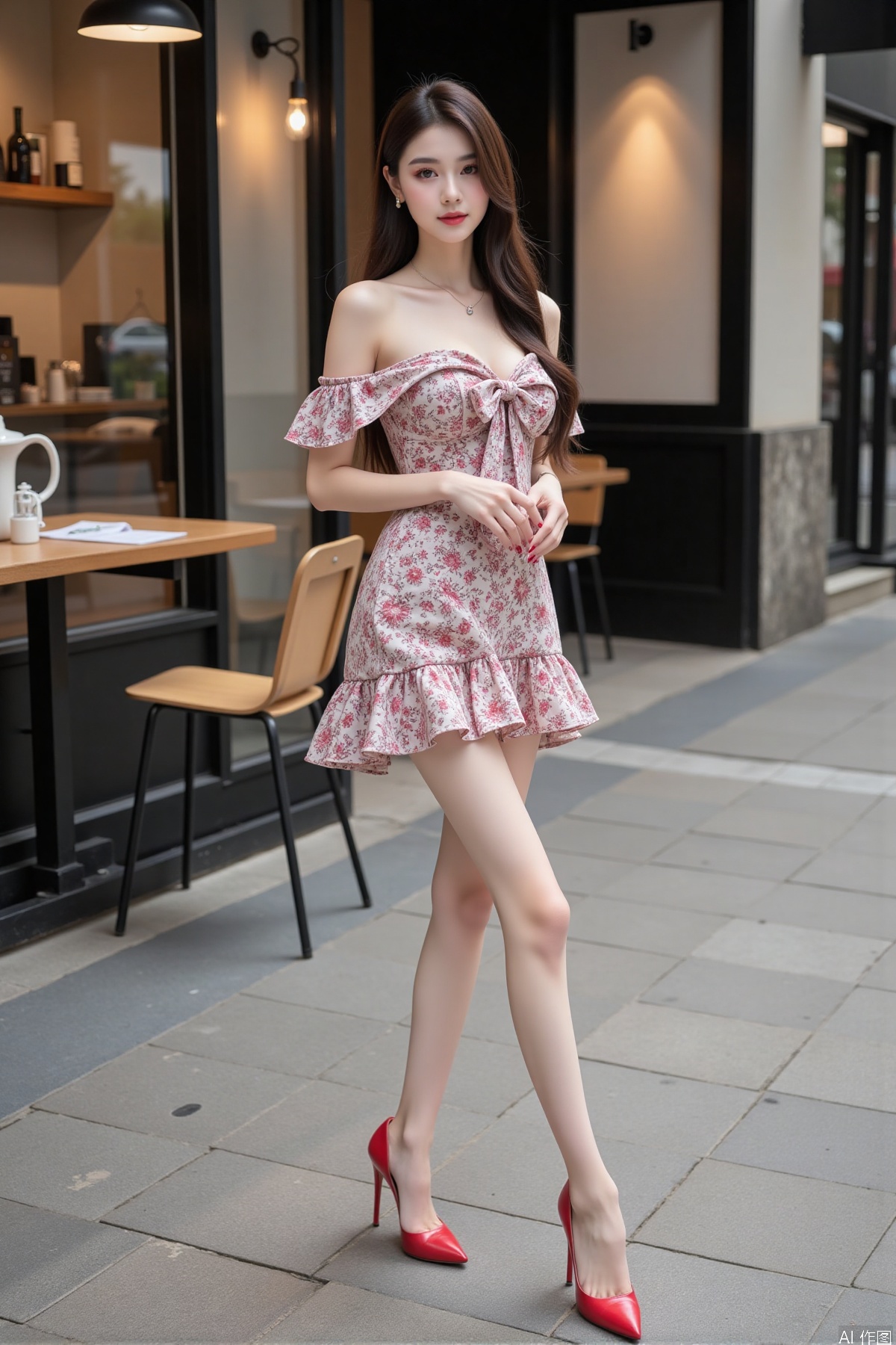 Realistic photo of a young woman with long hair, fair skin, big breasts, off-shoulder fashion dress, bow tie, long legs, red high heels, full body, modern city streets, coffee shop backgrounds,