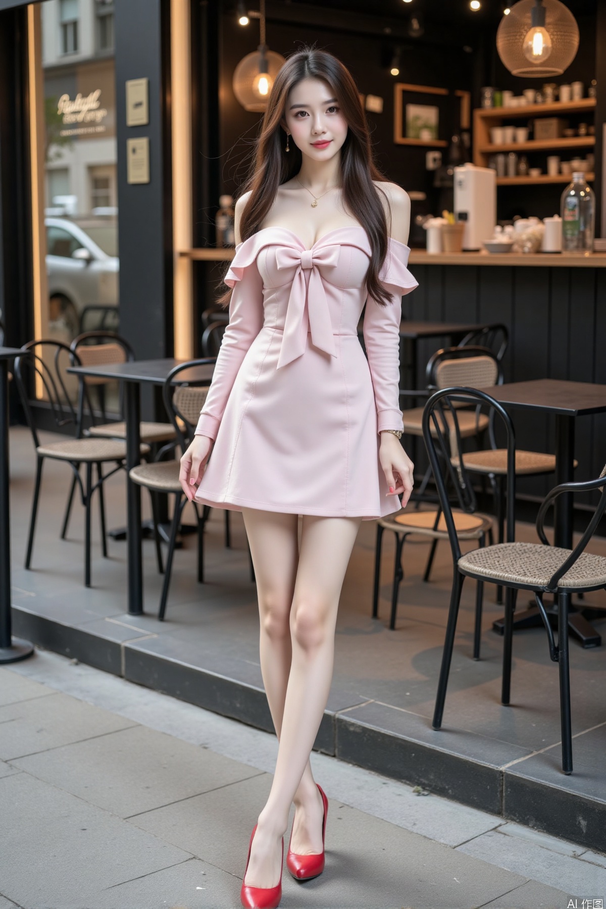 Realistic photo of a young woman with long hair, fair skin, big breasts, off-shoulder fashion dress, bow tie, long legs, red high heels, full body, modern city streets, coffee shop backgrounds,