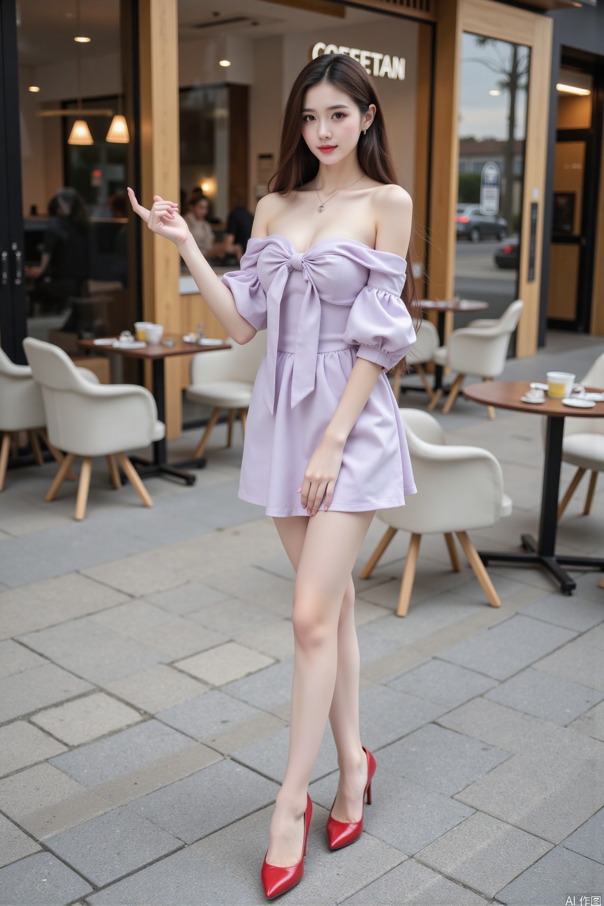 Realistic photo of a young woman with long hair, fair skin, big breasts, off-shoulder fashion dress, bow tie, long legs, red high heels, full body, modern city streets, coffee shop backgrounds,