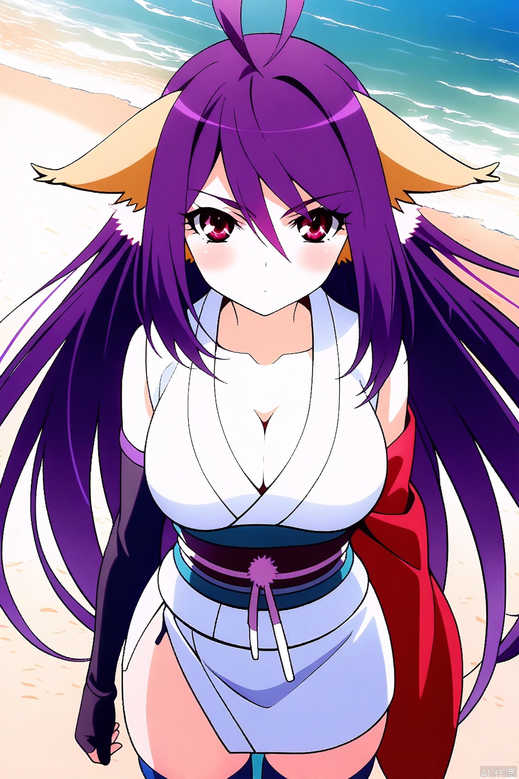 1girl, solo, long hair, breasts, looking at viewer, large breasts, red eyes, thighhighs, animal ears, cleavage, very long hair, purple hair, ahoge, japanese clothes, kimono, sash, antenna hair, single sleeve,masterpiece,best quality,official art,extremely detailed CG unity 8k wallpaper,,Thigh exposed,thighhighs,looking at viewer,on the beach,