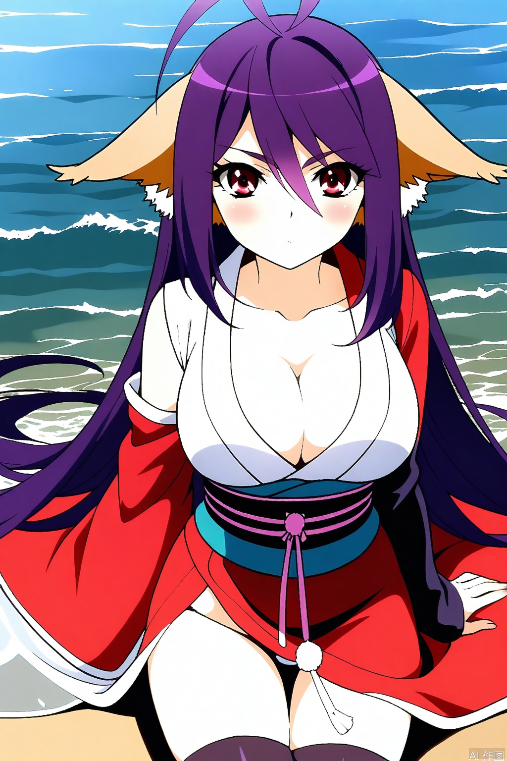 1girl, solo, long hair, breasts, looking at viewer, large breasts, red eyes, thighhighs, animal ears, cleavage, very long hair, purple hair, ahoge, japanese clothes, kimono, sash, antenna hair, single sleeve,masterpiece,best quality,official art,extremely detailed CG unity 8k wallpaper,,Thigh exposed,thighhighs,looking at viewer,on the beach,