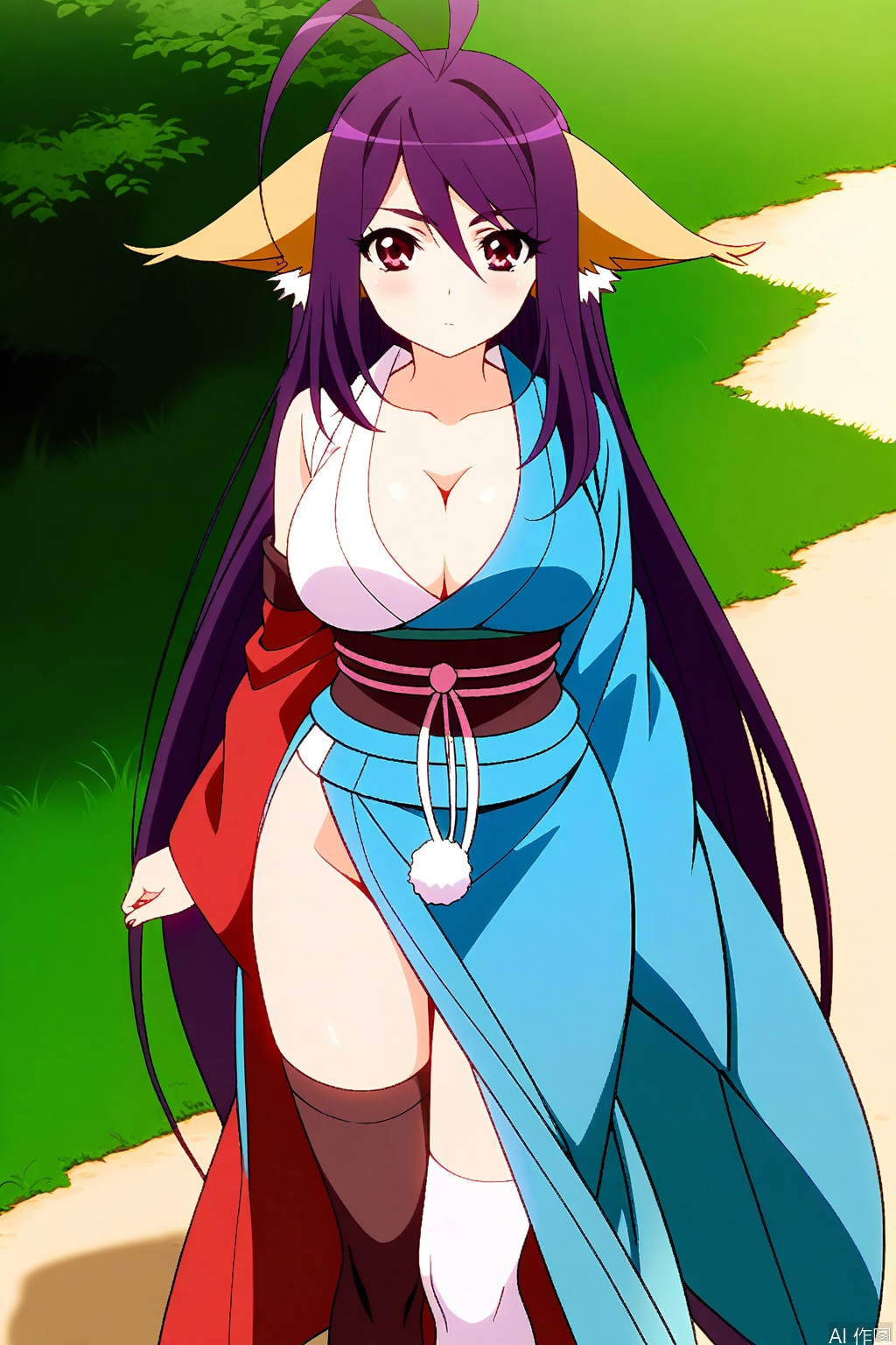 1girl, solo, long hair, breasts, looking at viewer, large breasts, red eyes, thighhighs, animal ears, cleavage, very long hair, purple hair, ahoge, japanese clothes, kimono, sash, antenna hair, single sleeve,masterpiece,best quality,official art,extremely detailed CG unity 8k wallpaper,,Thigh exposed,thighhighs,looking at viewer,on the beach,