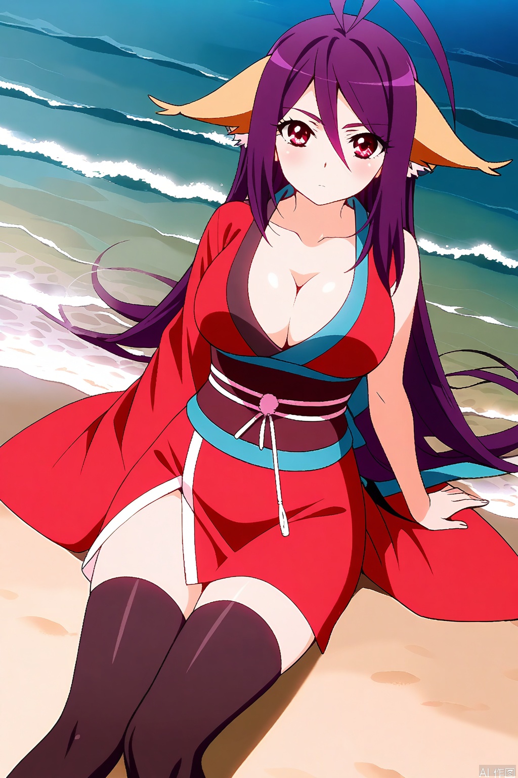 1girl, solo, long hair, breasts, looking at viewer, large breasts, red eyes, thighhighs, animal ears, cleavage, very long hair, purple hair, ahoge, japanese clothes, kimono, sash, antenna hair, single sleeve,masterpiece,best quality,official art,extremely detailed CG unity 8k wallpaper,,Thigh exposed,thighhighs,looking at viewer,on the beach,