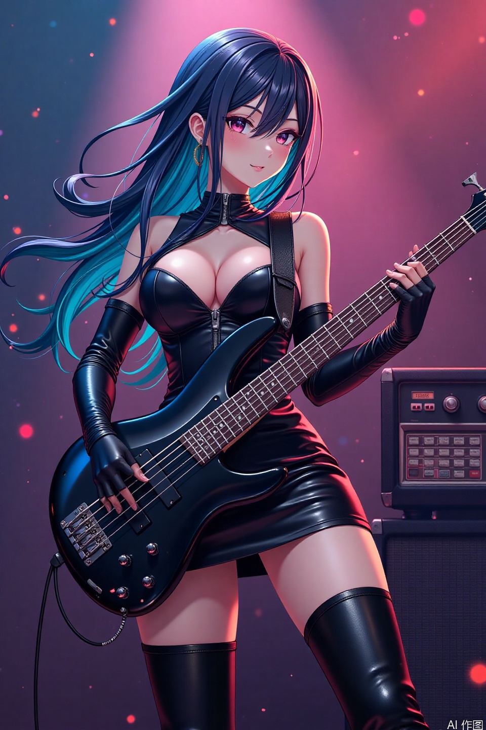 Here's your anime illustration:

The camera captures a striking full body of the anime woman as she unleashes her musical passion. She wearswears a tight, black, high-cut latex minidress with a front zipper, revealing ample cleavage. The minidress has long sleeves, that accentuates her curves, paired with high-heel thigh boots and pantyhose,elbow gloves. Her voluminous breasts seem to defy gravity as she strikes a dramatic pose and stand, one hand grasping the bass guitar neck while the other pick the instrument strings. Her multicolored-streaked hime-cut hair flows like a river down her back, illuminated by swirling fireflies that dance around her like tiny sparks. The photograph backdrop behind her appears to melt away as she becomes one with her music, exuding an air of artistic fervor and unbridled passion.full body shot