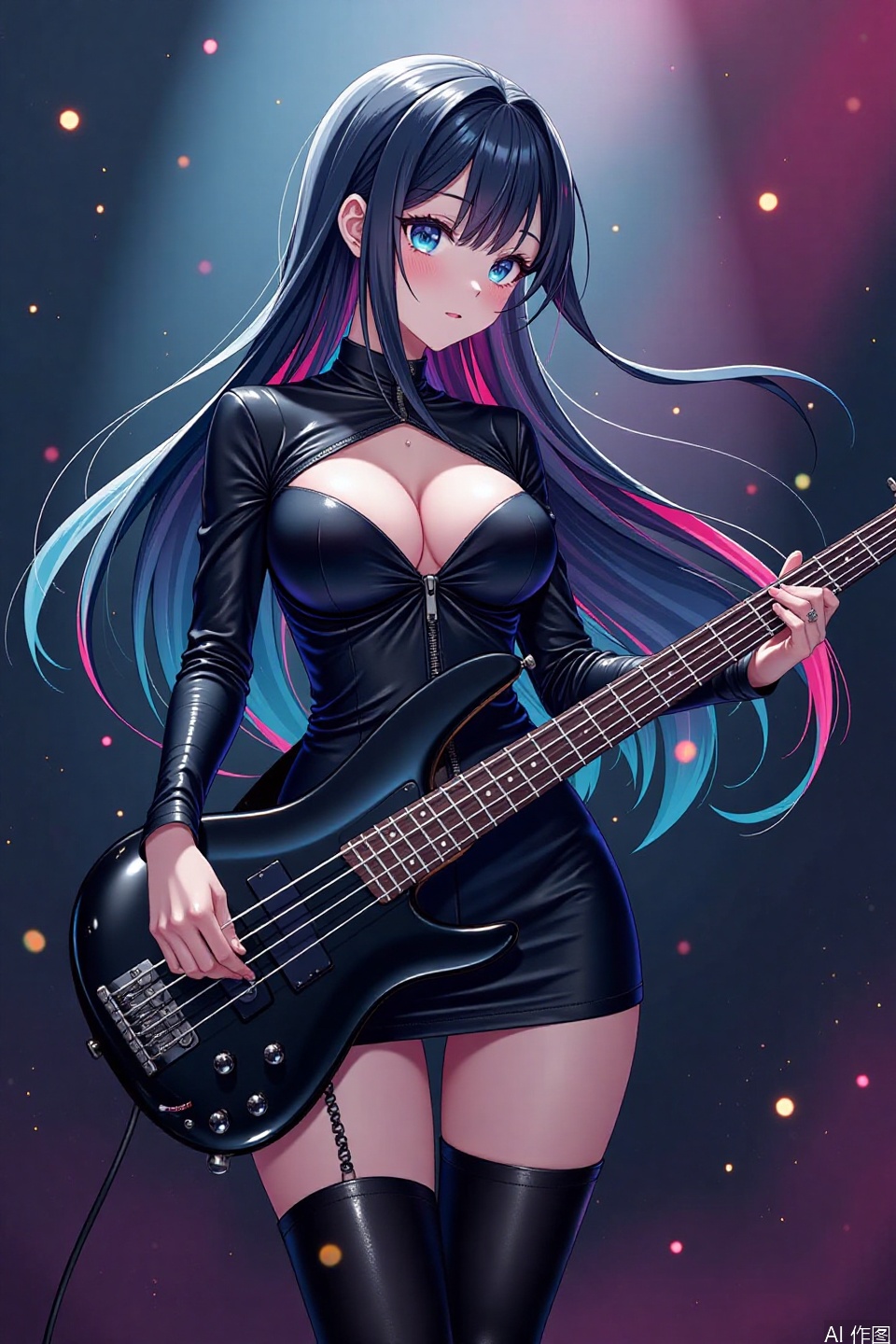 Here's your anime illustration:

The camera captures a striking full body of the anime woman as she unleashes her musical passion. She wearswears a tight, black, high-cut latex minidress with a front zipper, revealing ample cleavage. The minidress has long sleeves, that accentuates her curves, paired with high-heel thigh boots and pantyhose,elbow gloves. Her voluminous breasts seem to defy gravity as she strikes a dramatic pose and stand, one hand grasping the bass guitar neck while the other pick the instrument strings. Her multicolored-streaked hime-cut hair flows like a river down her back, illuminated by swirling fireflies that dance around her like tiny sparks. The photograph backdrop behind her appears to melt away as she becomes one with her music, exuding an air of artistic fervor and unbridled passion.full body shot