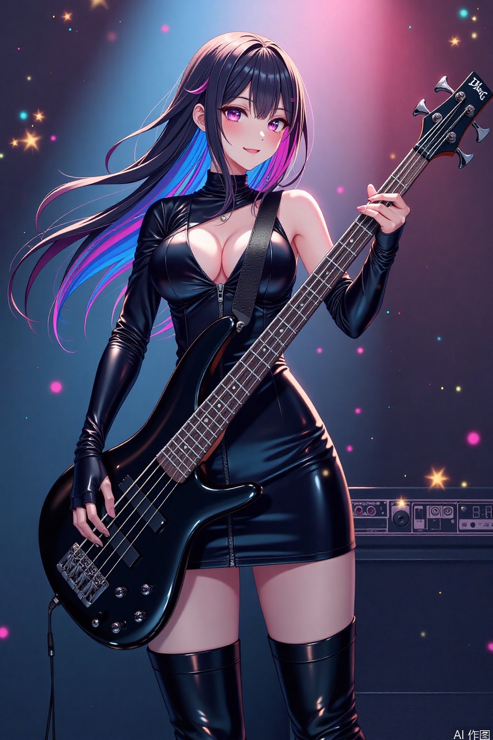 Here's your anime illustration:

The camera captures a striking full body of the anime woman as she unleashes her musical passion. She wearswears a tight, black, high-cut latex minidress with a front zipper, revealing ample cleavage. The minidress has long sleeves, that accentuates her curves, paired with high-heel thigh boots and pantyhose,elbow gloves. Her voluminous breasts seem to defy gravity as she strikes a dramatic pose and stand, one hand grasping the bass guitar neck while the other pick the instrument strings. Her multicolored-streaked hime-cut hair flows like a river down her back, illuminated by swirling fireflies that dance around her like tiny sparks. The photograph backdrop behind her appears to melt away as she becomes one with her music, exuding an air of artistic fervor and unbridled passion.full body shot