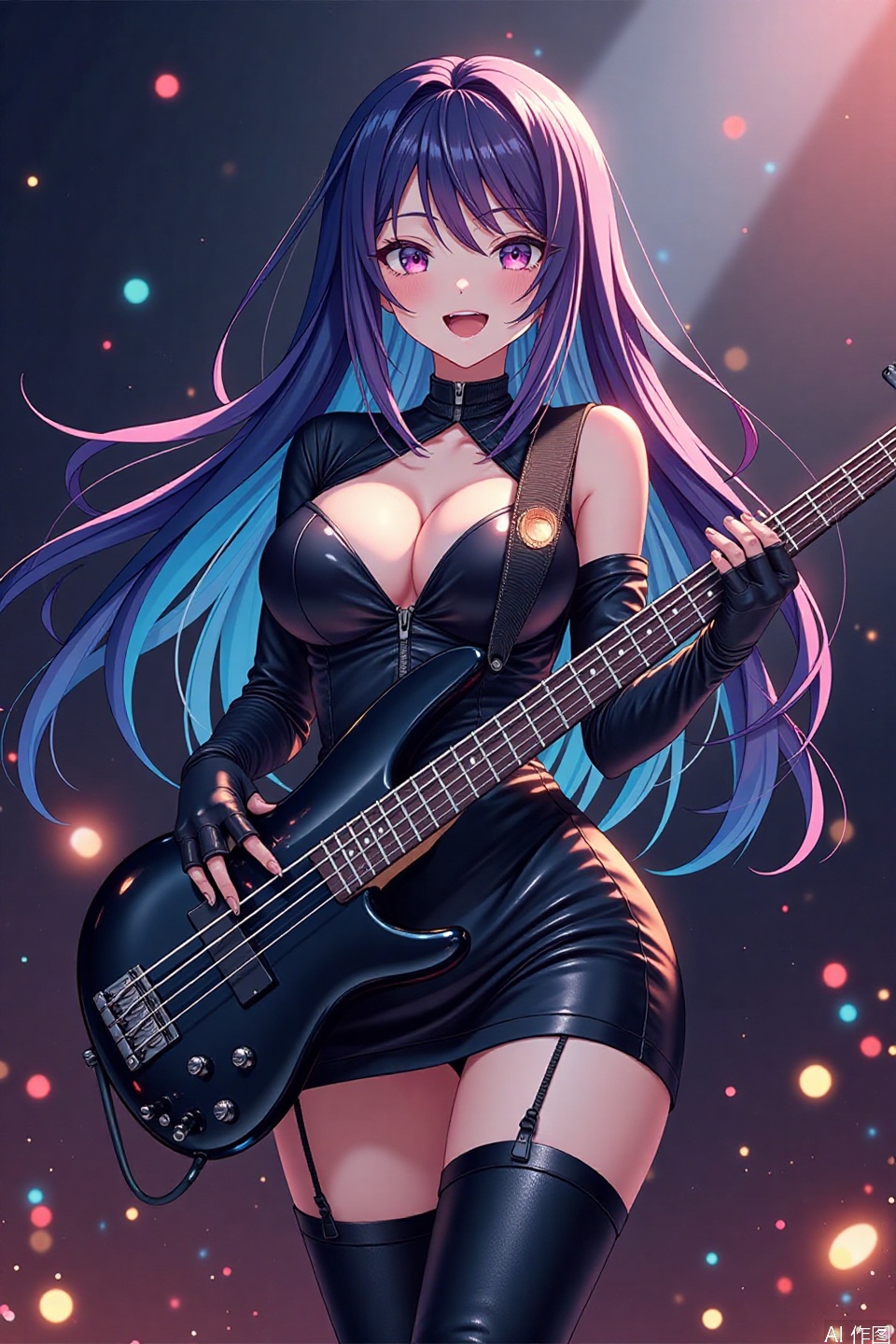 Here's your anime illustration:

The camera captures a striking full body of the anime woman as she unleashes her musical passion. She wearswears a tight, black, high-cut latex minidress with a front zipper, revealing ample cleavage. The minidress has long sleeves, that accentuates her curves, paired with high-heel thigh boots and pantyhose,elbow gloves. Her voluminous breasts seem to defy gravity as she strikes a dramatic pose and stand, one hand grasping the bass guitar neck while the other pick the instrument strings. Her multicolored-streaked hime-cut hair flows like a river down her back, illuminated by swirling fireflies that dance around her like tiny sparks. The photograph backdrop behind her appears to melt away as she becomes one with her music, exuding an air of artistic fervor and unbridled passion.full body shot
