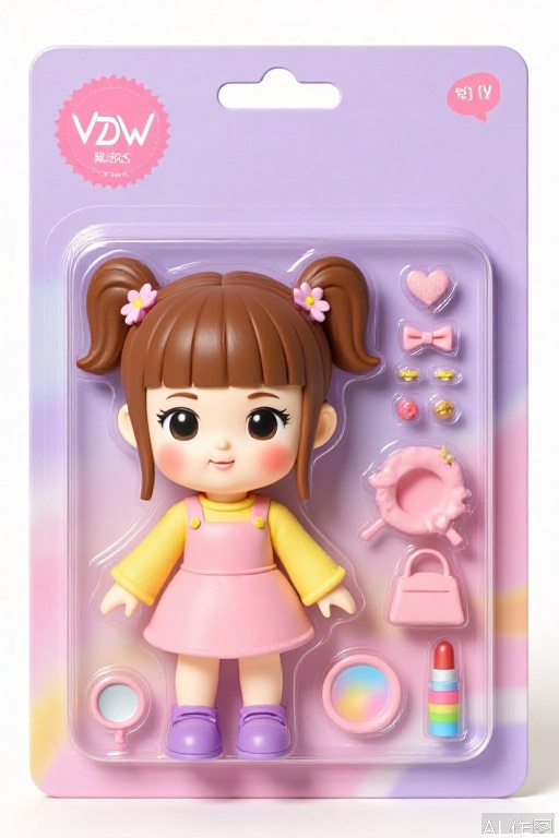 F1Gpt4OShouB, The image shows a packaged doll accessory set. The packaging is predominantly purple with a transparent front displaying the doll and accessories. The doll is a cute, chibi-style character with brown hair styled into two pigtails, each adorned with a small flower. She is wearing a yellow long-sleeve top, a pink dress, and purple shoes. Surrounding the doll are various accessories, including a small pink handbag, a lipstick, a hair clip, a pair of earrings, a circular mirror, a pink bow, and a pair of colorful striped tubes. The top left corner of the packaging has a logo that reads "VDW" and the text "WITING BOSS" in the top right corner. The background is a soft gradient of pastel colors, enhancing the overall playful and whimsical aesthetic of the product.

