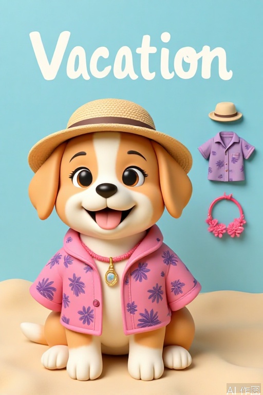 F1Gpt4OShouB, The image shows a cute, animated dog wearing a pink Hawaiian-style shirt with purple floral patterns. The dog is also adorned with a pink flower necklace and a straw hat. The background is a light blue sky, and the word "Vacation" is written at the top in white text on a light blue background. To the right of the dog, there are three small accessories: a straw hat, a pink flower necklace, and a purple Hawaiian-style shirt. The dog is sitting on a sandy surface, resembling a beach scene.
