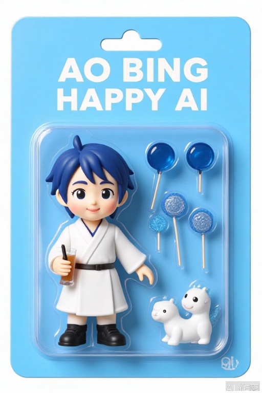 F1Gpt4OShouB, The image shows a packaged character figure with a blue background. The packaging is labeled "AO BING HAPPY AI" at the top. Inside the packaging, there is a figurine of a character with blue hair and a white robe, wearing black shoes. The character has a small sword and a drink in a glass with a straw. To the right of the character, there are two blue lollipops and a small, white, dragon-like creature. The overall design is clean and modern, with a focus on the character and accessories.
