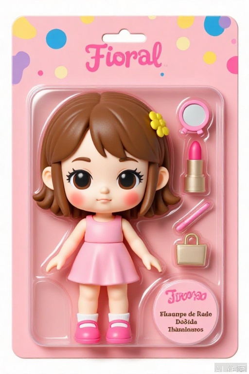 F1Gpt4OShouB, The image shows a cute, chibi-style doll in a pink packaging. The doll has large, round eyes, a small nose, and a rosy cheeks. She has short brown hair with a yellow flower accessory in her hair. She is wearing a sleeveless pink dress and pink shoes. To the right of the doll, there are three small accessories: a compact mirror, a lipstick, and a small handbag. The background is pink with colorful abstract shapes. The text at the bottom reads "Fiorral Loli Teausels Deid Tenurros, " which is in Spanish. The packaging is designed to resemble a playful and colorful gift or collectible.
