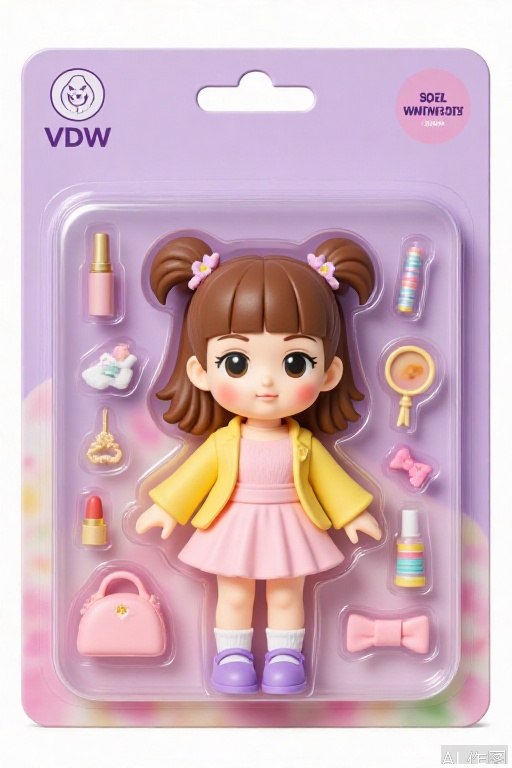 F1Gpt4OShouB, The image shows a packaged doll accessory set. The packaging is predominantly purple with a transparent front displaying the doll and accessories. The doll is a cute, chibi-style character with brown hair styled into two pigtails, each adorned with a small flower. She is wearing a yellow long-sleeve top, a pink dress, and purple shoes. Surrounding the doll are various accessories, including a small pink handbag, a lipstick, a hair clip, a pair of earrings, a circular mirror, a pink bow, and a pair of colorful striped tubes. The top left corner of the packaging has a logo that reads "VDW" and the text "WITING BOSS" in the top right corner. The background is a soft gradient of pastel colors, enhancing the overall playful and whimsical aesthetic of the product.

