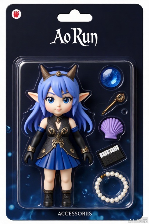 F1Gpt4OShouB, The image shows a packaged accessory set for a character named "Ao Run." The packaging is dark blue with a transparent front displaying the character and accessories. The character has long blue hair, pointed ears, and is wearing a blue and black dress with intricate patterns. She also has black gloves and a headpiece resembling horns. To the right of the character, there are four accessories: a large blue gemstone, a purple seashell, a black musical keyboard, and a pearl bracelet. The background is dark, with subtle water-like patterns and bubbles, giving a mystical and underwater theme. The word "Ao Run" is written at the top, and "ACCESSORIES" is written on the right side of the character.
