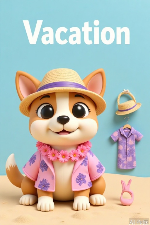 F1Gpt4OShouB, The image shows a cute, animated dog wearing a pink Hawaiian-style shirt with purple floral patterns. The dog is also adorned with a pink flower necklace and a straw hat. The background is a light blue sky, and the word "Vacation" is written at the top in white text on a light blue background. To the right of the dog, there are three small accessories: a straw hat, a pink flower necklace, and a purple Hawaiian-style shirt. The dog is sitting on a sandy surface, resembling a beach scene.
