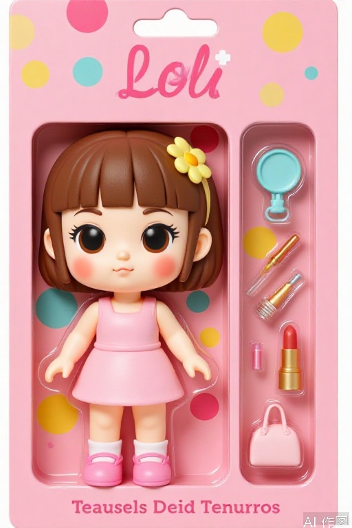 F1Gpt4OShouB, The image shows a cute, chibi-style doll in a pink packaging. The doll has large, round eyes, a small nose, and a rosy cheeks. She has short brown hair with a yellow flower accessory in her hair. She is wearing a sleeveless pink dress and pink shoes. To the right of the doll, there are three small accessories: a compact mirror, a lipstick, and a small handbag. The background is pink with colorful abstract shapes. The text at the bottom reads "Fiorral Loli Teausels Deid Tenurros, " which is in Spanish. The packaging is designed to resemble a playful and colorful gift or collectible.
