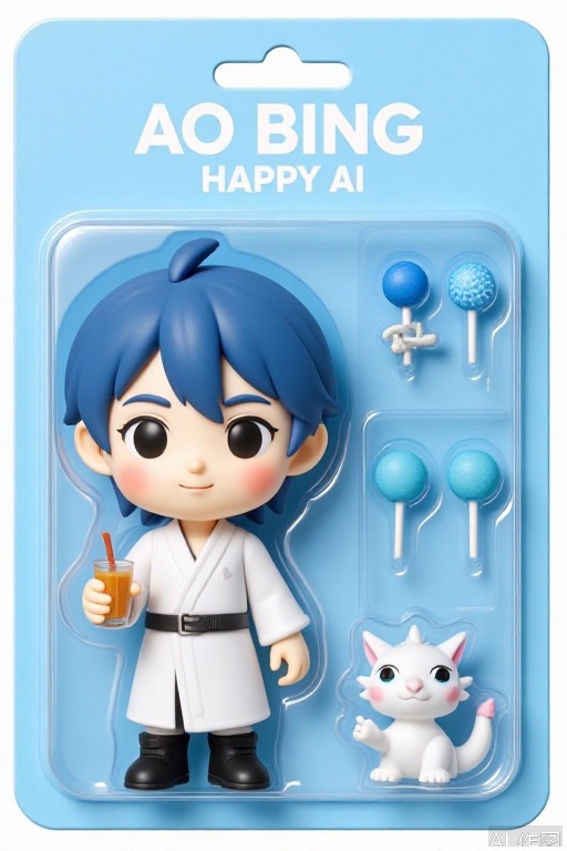 F1Gpt4OShouB, The image shows a packaged character figure with a blue background. The packaging is labeled "AO BING HAPPY AI" at the top. Inside the packaging, there is a figurine of a character with blue hair and a white robe, wearing black shoes. The character has a small sword and a drink in a glass with a straw. To the right of the character, there are two blue lollipops and a small, white, dragon-like creature. The overall design is clean and modern, with a focus on the character and accessories.
