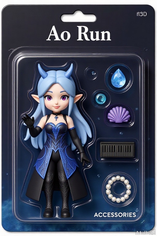 F1Gpt4OShouB, The image shows a packaged accessory set for a character named "Ao Run." The packaging is dark blue with a transparent front displaying the character and accessories. The character has long blue hair, pointed ears, and is wearing a blue and black dress with intricate patterns. She also has black gloves and a headpiece resembling horns. To the right of the character, there are four accessories: a large blue gemstone, a purple seashell, a black musical keyboard, and a pearl bracelet. The background is dark, with subtle water-like patterns and bubbles, giving a mystical and underwater theme. The word "Ao Run" is written at the top, and "ACCESSORIES" is written on the right side of the character.
