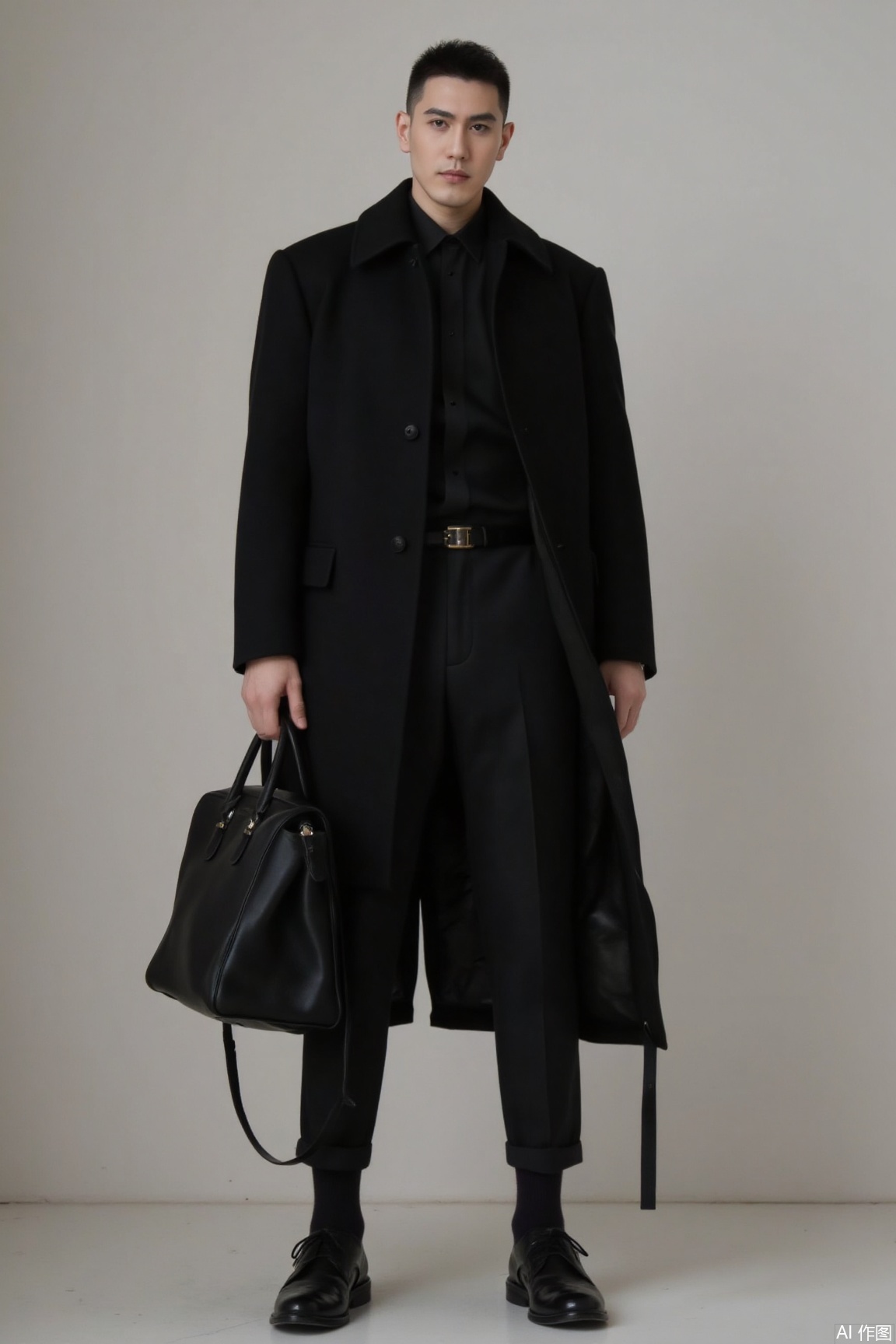 A male model, full body,mysterious and suspenseful atmosphere reminiscent of a cinematic blockbuster.plns,model clothes,model pose,