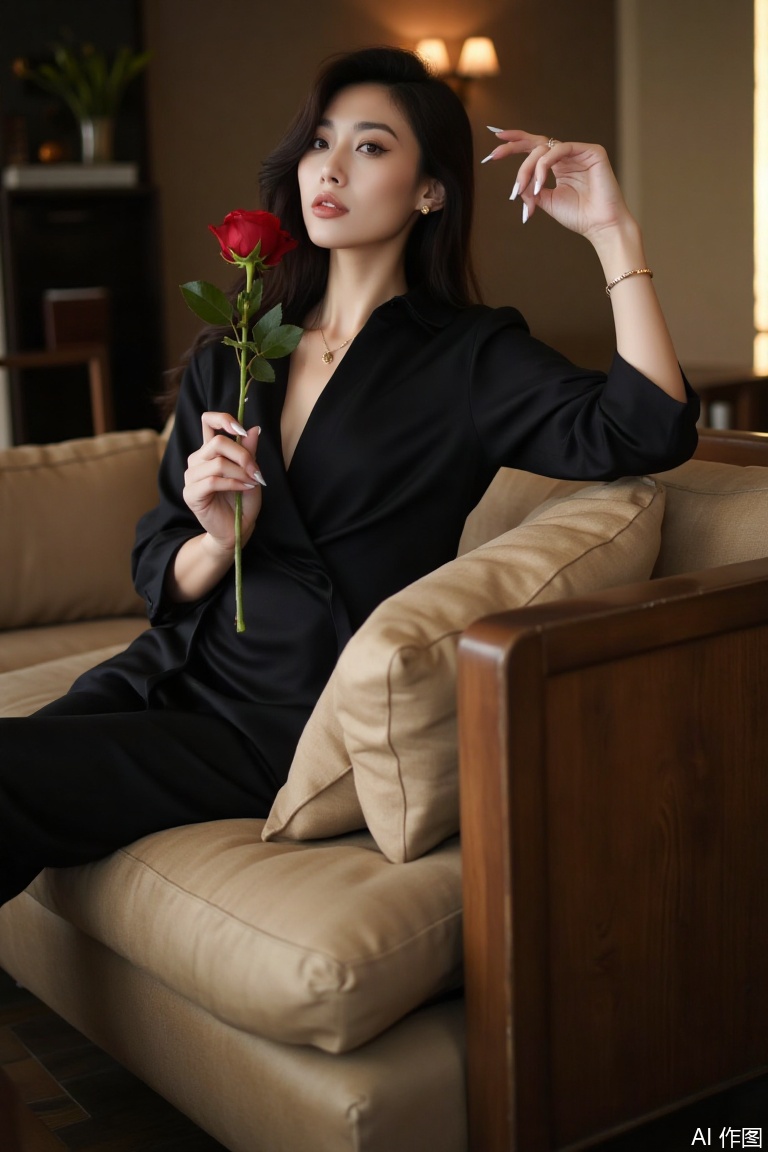 A female model with a cold and aloof temperament holds a rose and leans on an old - fashioned sofa. Soft warm light outlines her silhouette, and a vintage filter adds an artistic touch, creating a lazy yet high - end magazine cover atmosphere.,plns,jag,model pose