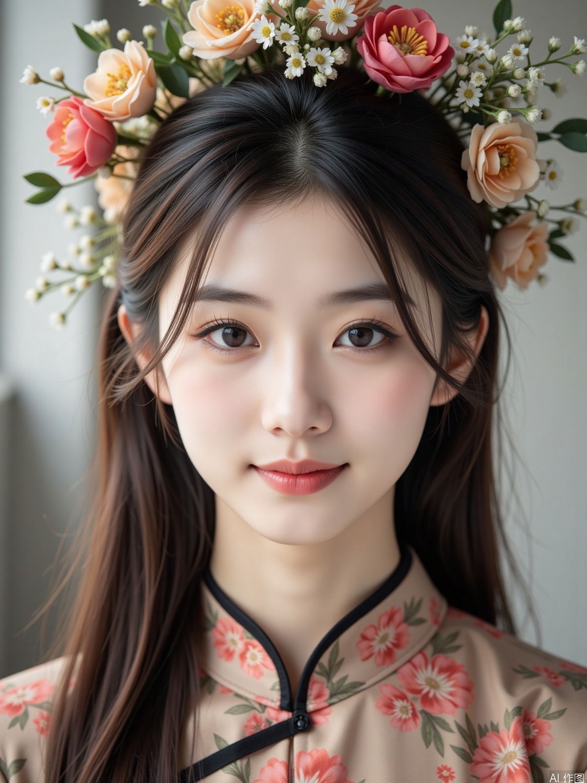 Realistic photo, one young woman, long hair, fair skin, (zanhua), cheongsam around her neck, portrait close-up,