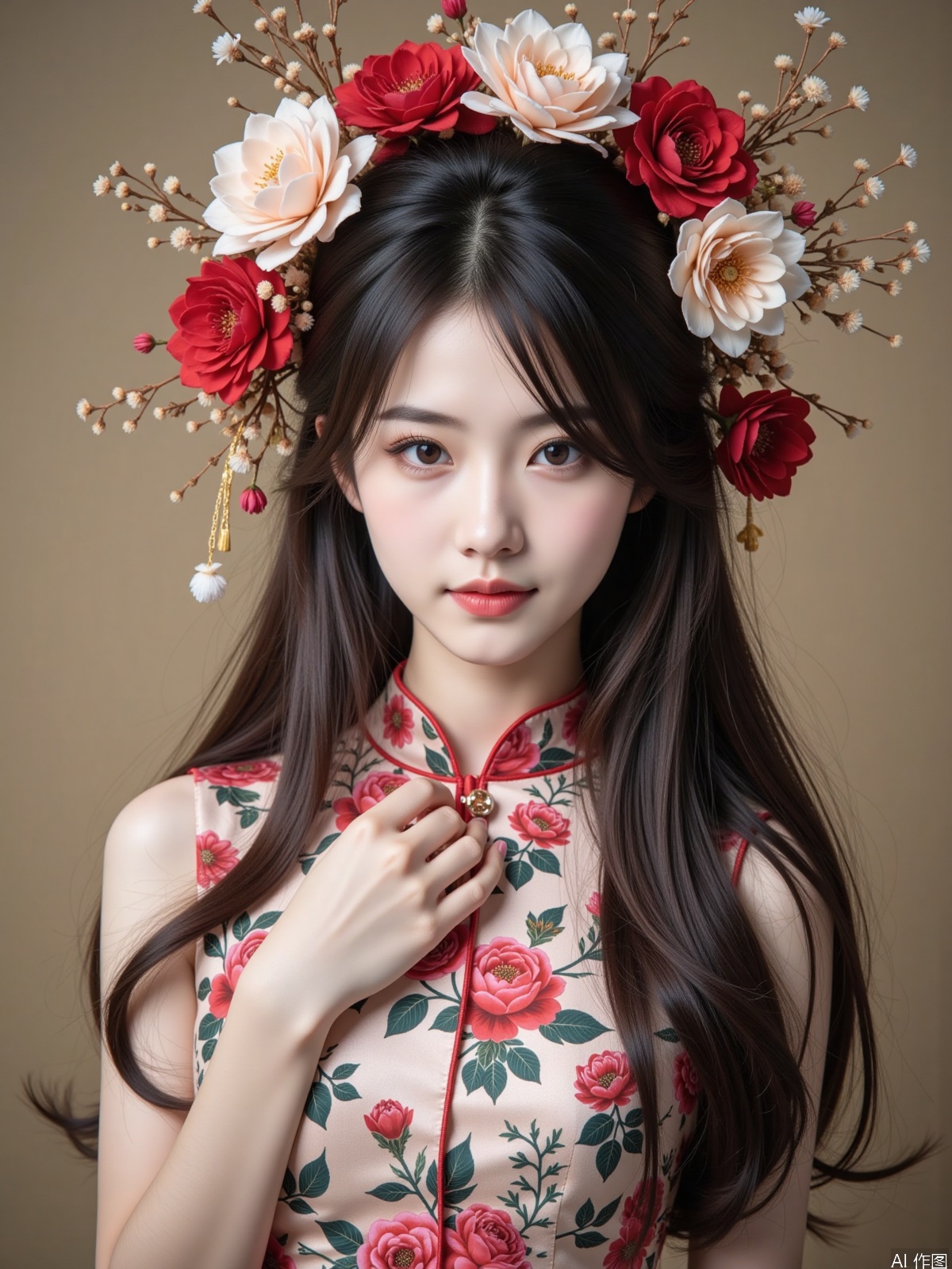Realistic photo, one young woman, long hair, fair skin, (zanhua), cheongsam around her neck, portrait close-up,