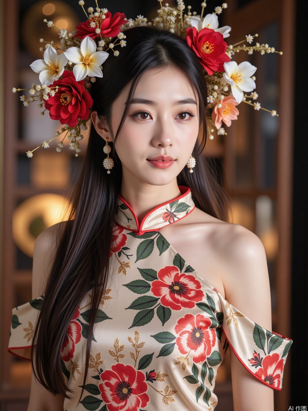 Realistic photo, one young woman, long hair, fair skin, (zanhua), off-shoulder cheongsam, portrait close-up,