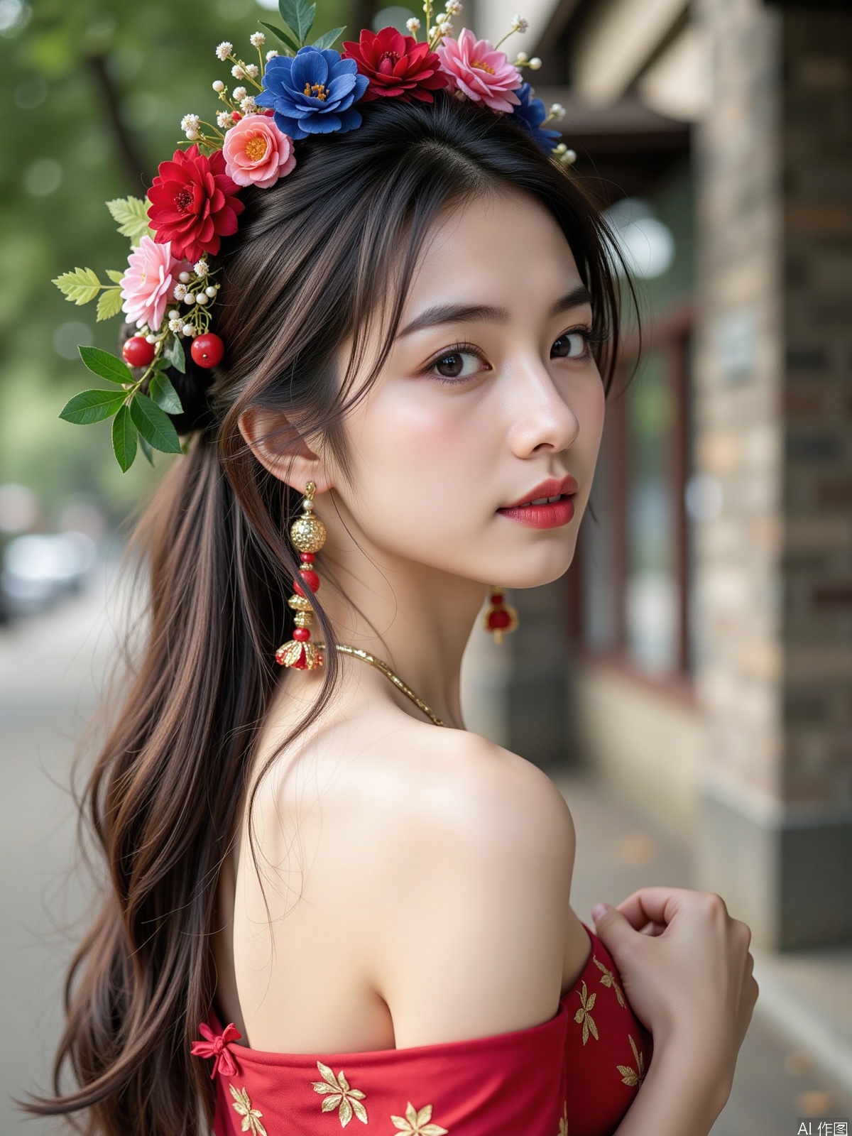 Realistic photo, one young woman, long hair, fair skin, (zanhua), off-shoulder cheongsam, portrait close-up,
