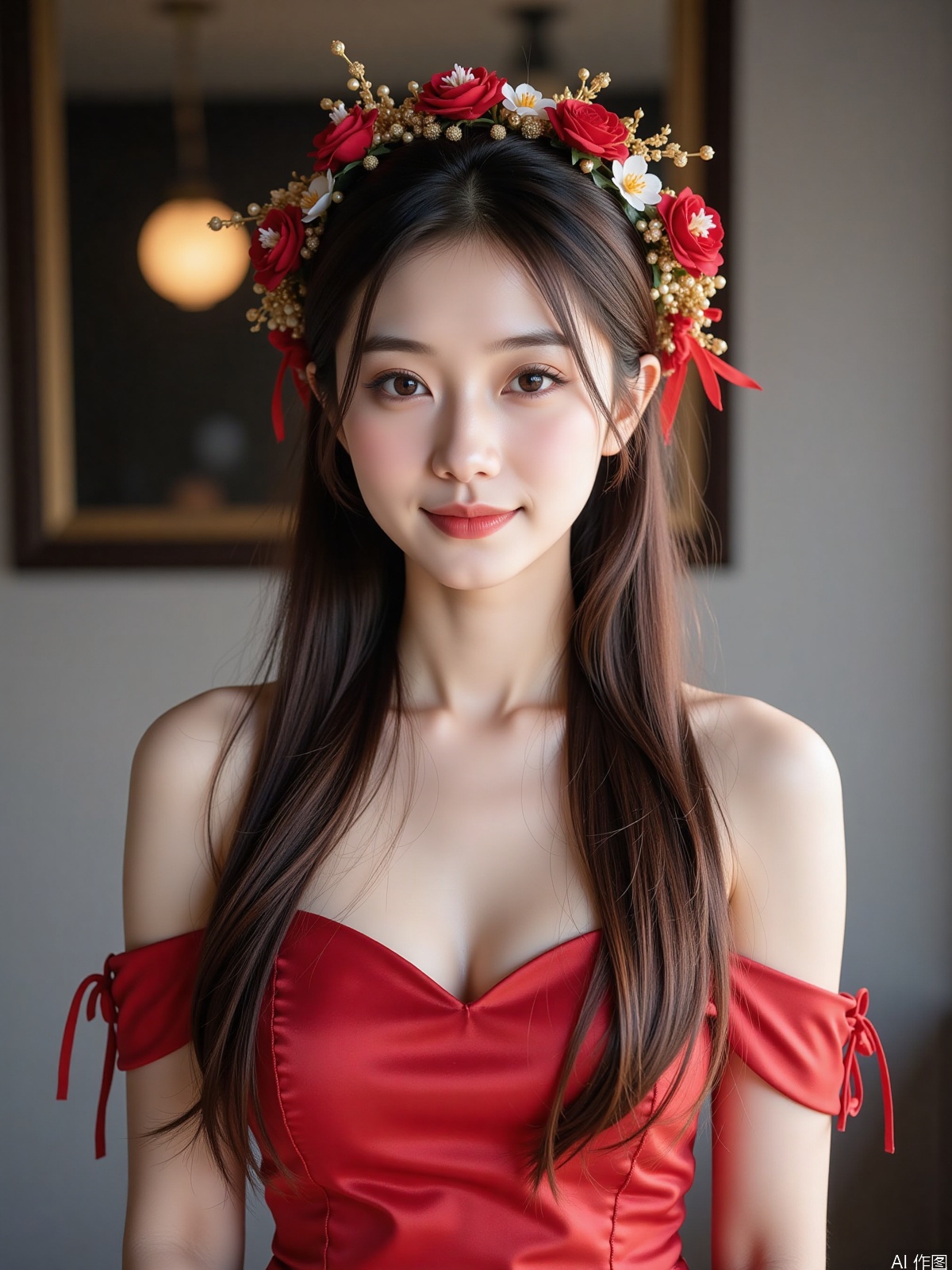 Realistic photo, one young woman, long hair, fair skin, (zanhua), off-shoulder cheongsam, portrait close-up,