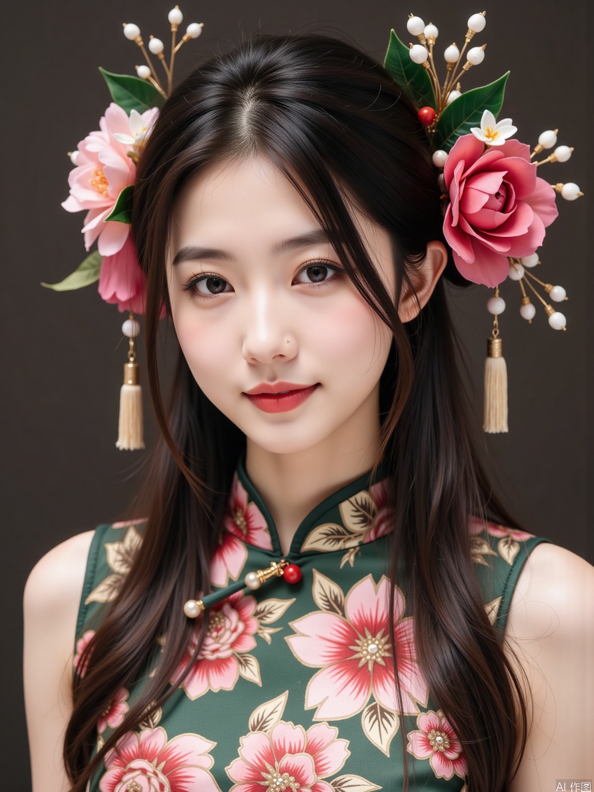 Realistic photo, one young woman, long hair, fair skin, (zanhua), cheongsam around her neck, portrait close-up,