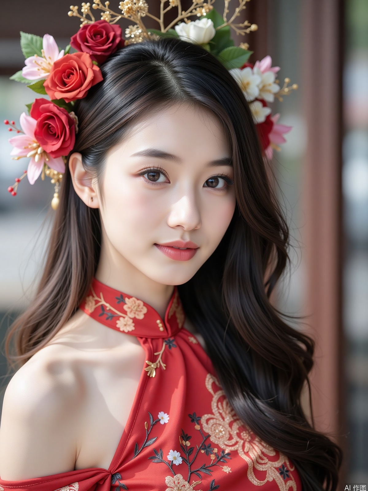 Realistic photo, one young woman, long hair, fair skin, (zanhua), off-shoulder cheongsam, portrait close-up,
