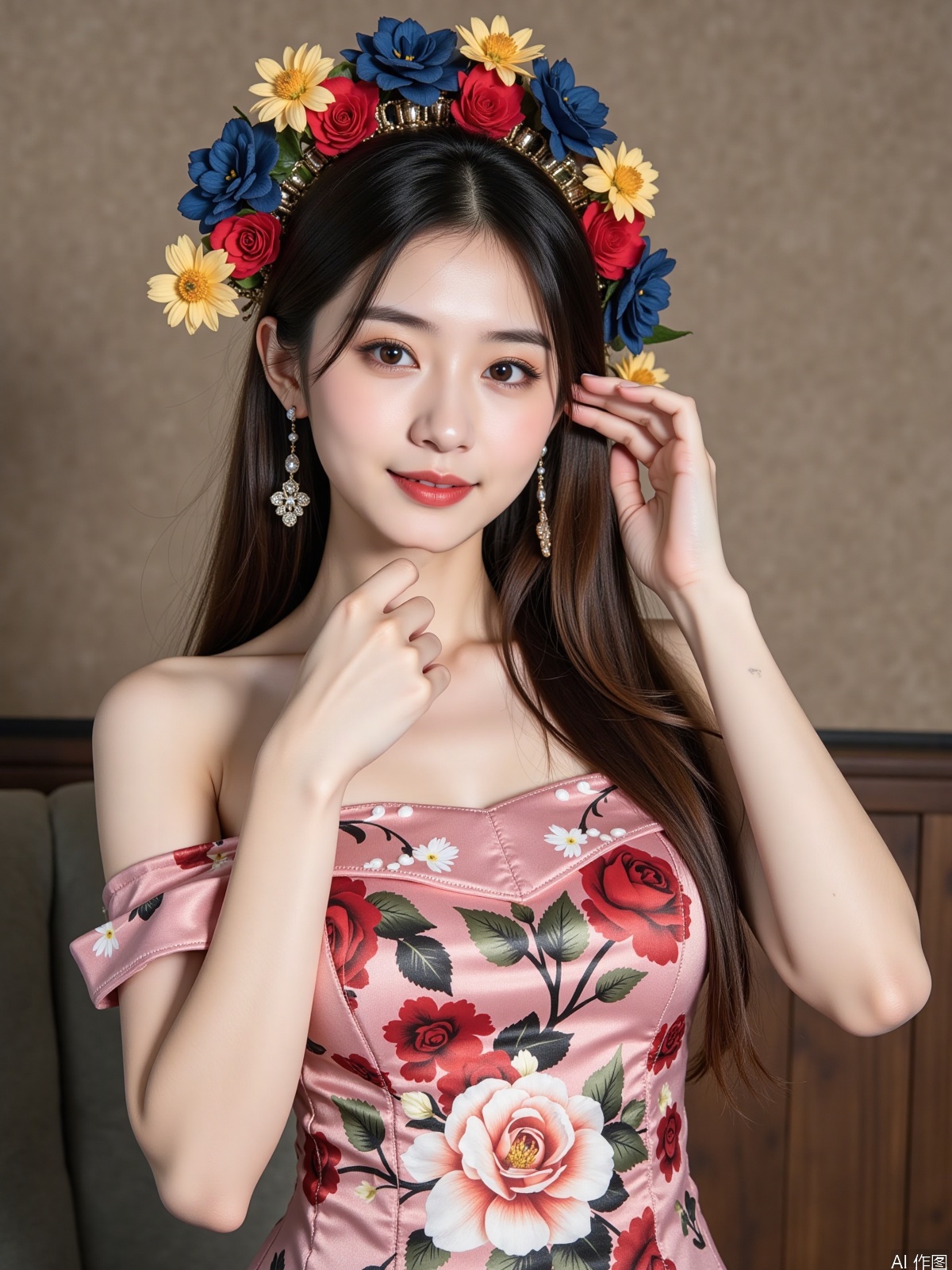 Realistic photo, one young woman, long hair, fair skin, (zanhua), off-shoulder cheongsam, portrait close-up,
