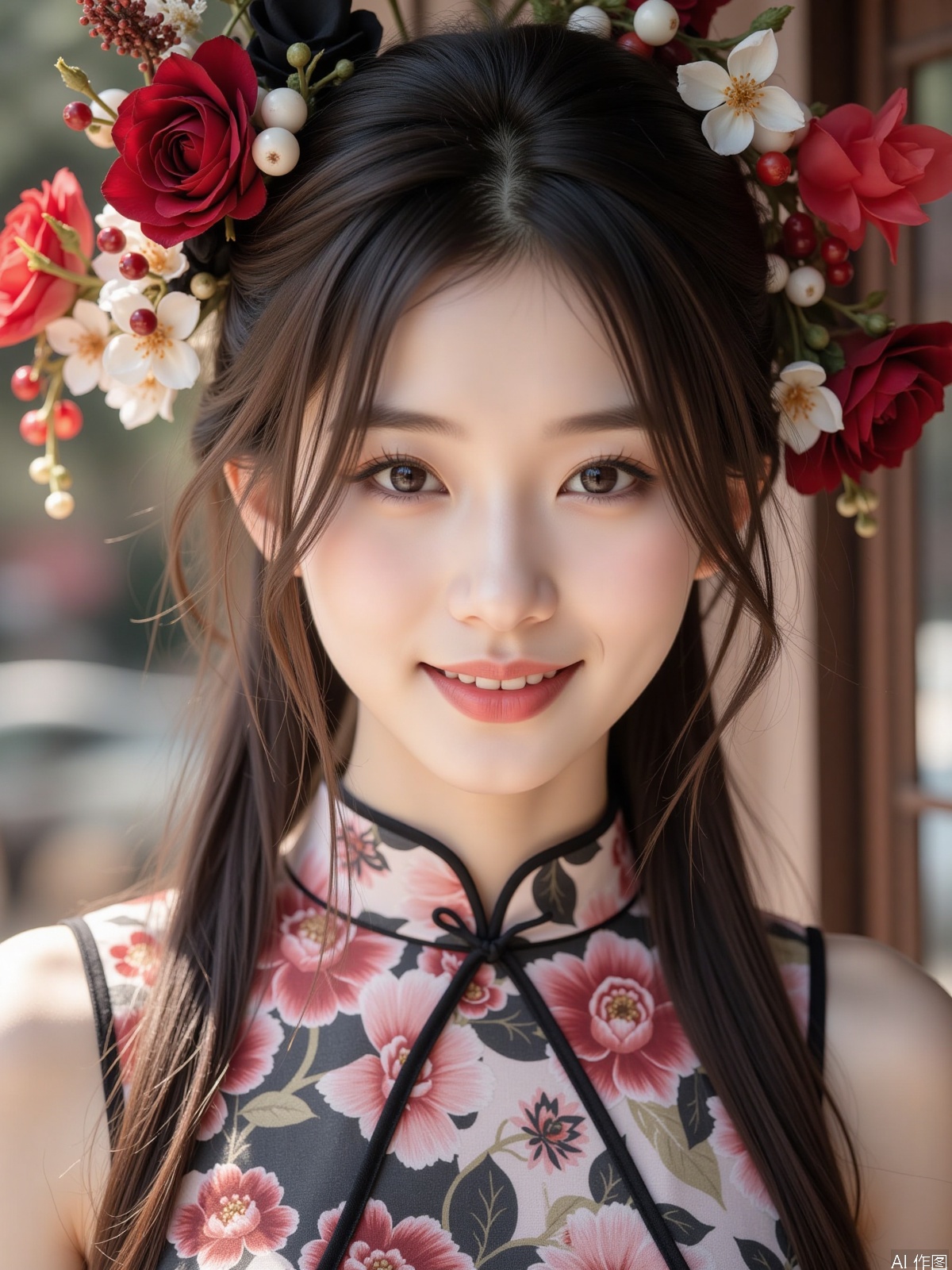 Realistic photo, one young woman, long hair, fair skin, (zanhua), cheongsam around her neck, portrait close-up,