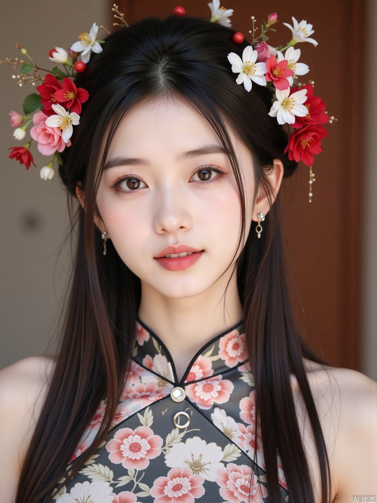 Realistic photo, one young woman, long hair, fair skin, (zanhua), cheongsam around her neck, portrait close-up,