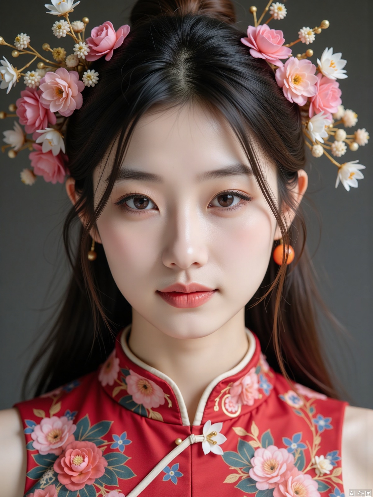 Realistic photo, one young woman, long hair, fair skin, (zanhua), cheongsam around her neck, portrait close-up,