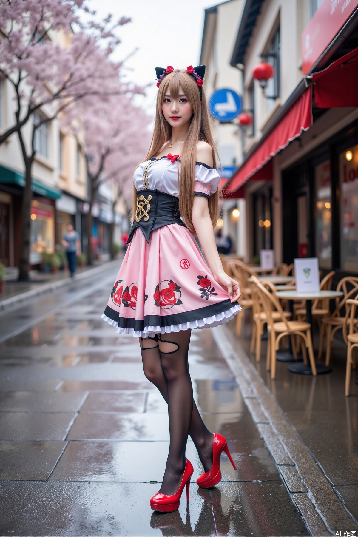 Realistic photo of a young woman with long hair, fair skin, big breast, cosplay dress, (torn pantyhose), long legs, red high heels, wet modern streets, cafe, cherry blossoms,
