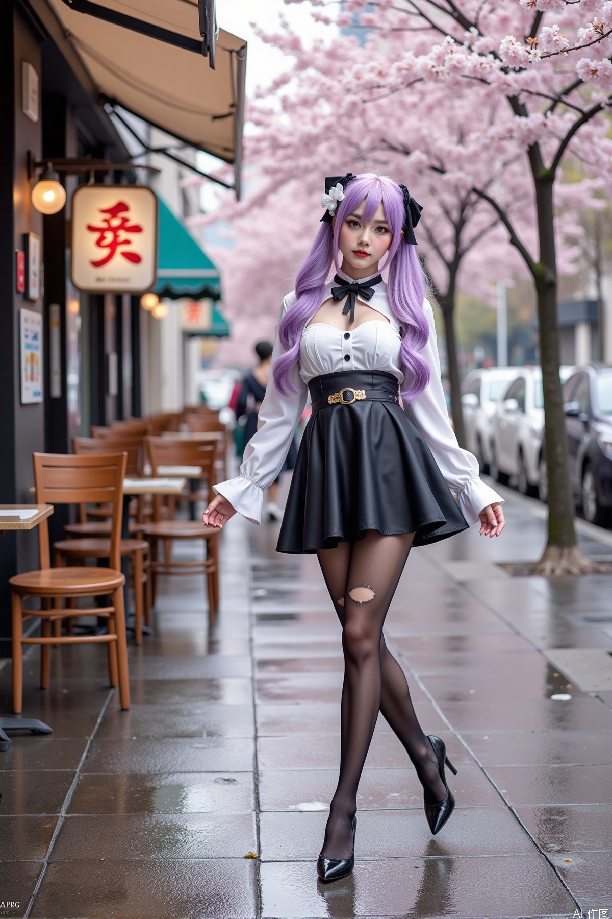 Realistic photo of a young woman with long hair, fair skin, big breast, cosplay dress, torn pantyhose, long legs, high heels, wet modern streets, cafe, cherry blossoms,