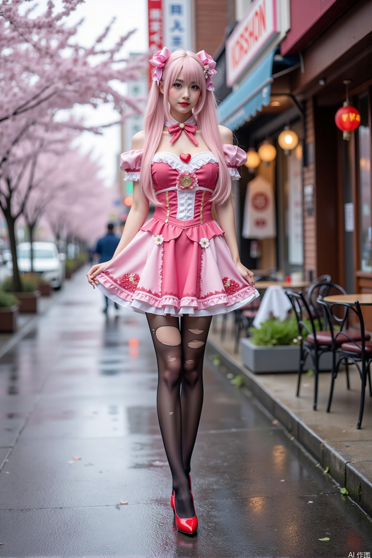 Realistic photo of a young woman with long hair, fair skin, big breast, cosplay dress, torn pantyhose, long legs, high heels, wet modern streets, cafe, cherry blossoms,