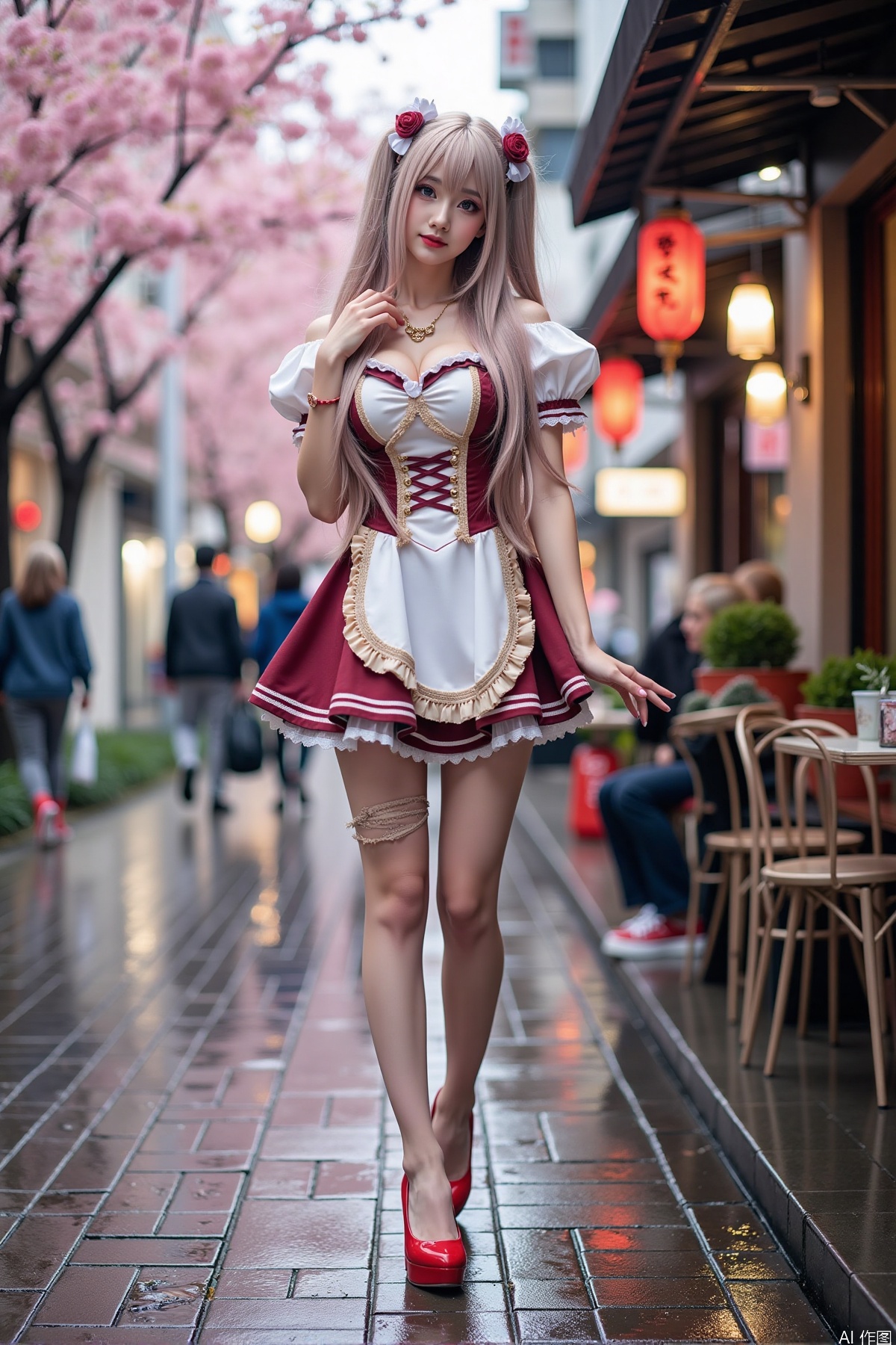 Realistic photo of a young woman with long hair, fair skin, big breast, cosplay dress, (torn pantyhose), long legs, red high heels, wet modern streets, cafe, cherry blossoms,