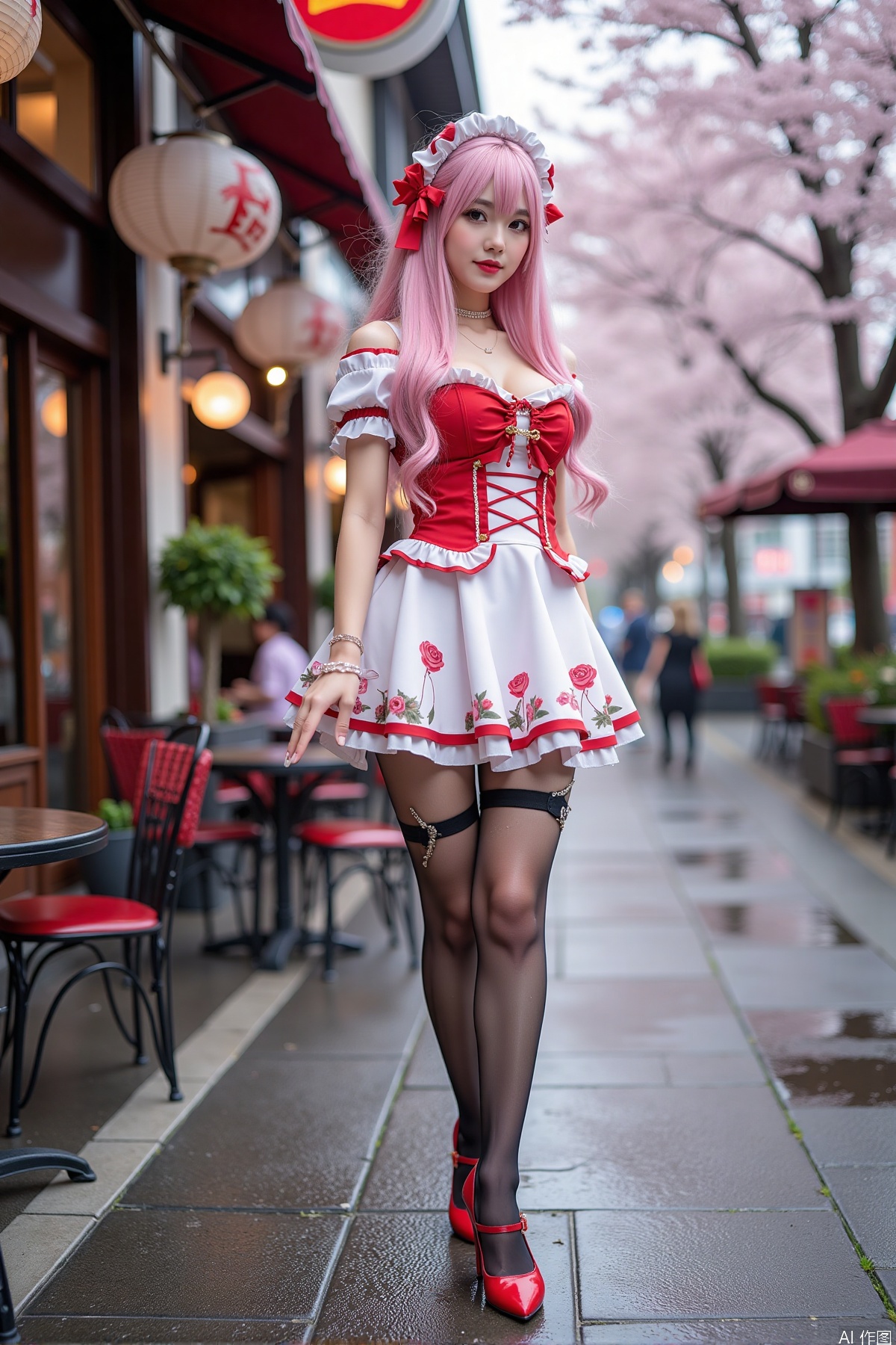 Realistic photo of a young woman with long hair, fair skin, big breast, cosplay dress, (torn pantyhose), long legs, red high heels, wet modern streets, cafe, cherry blossoms,