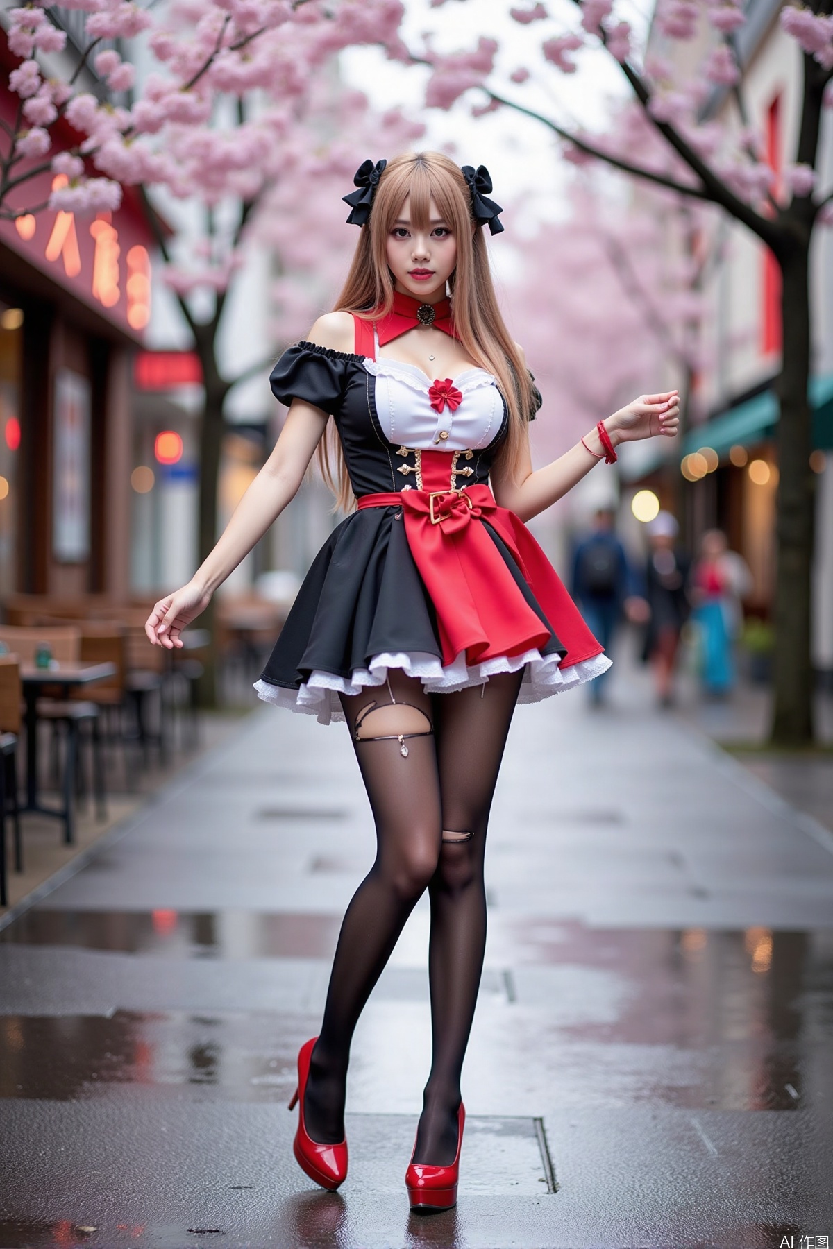 Realistic photo of a young woman with long hair, fair skin, big breast, cosplay dress, (torn pantyhose), long legs, red high heels, wet modern streets, cafe, cherry blossoms,