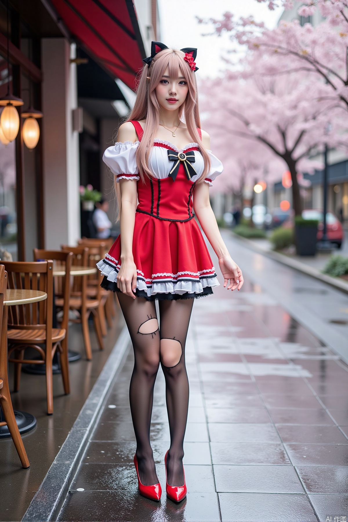 Realistic photo of a young woman with long hair, fair skin, big breast, cosplay dress, (torn pantyhose), long legs, red high heels, wet modern streets, cafe, cherry blossoms,
