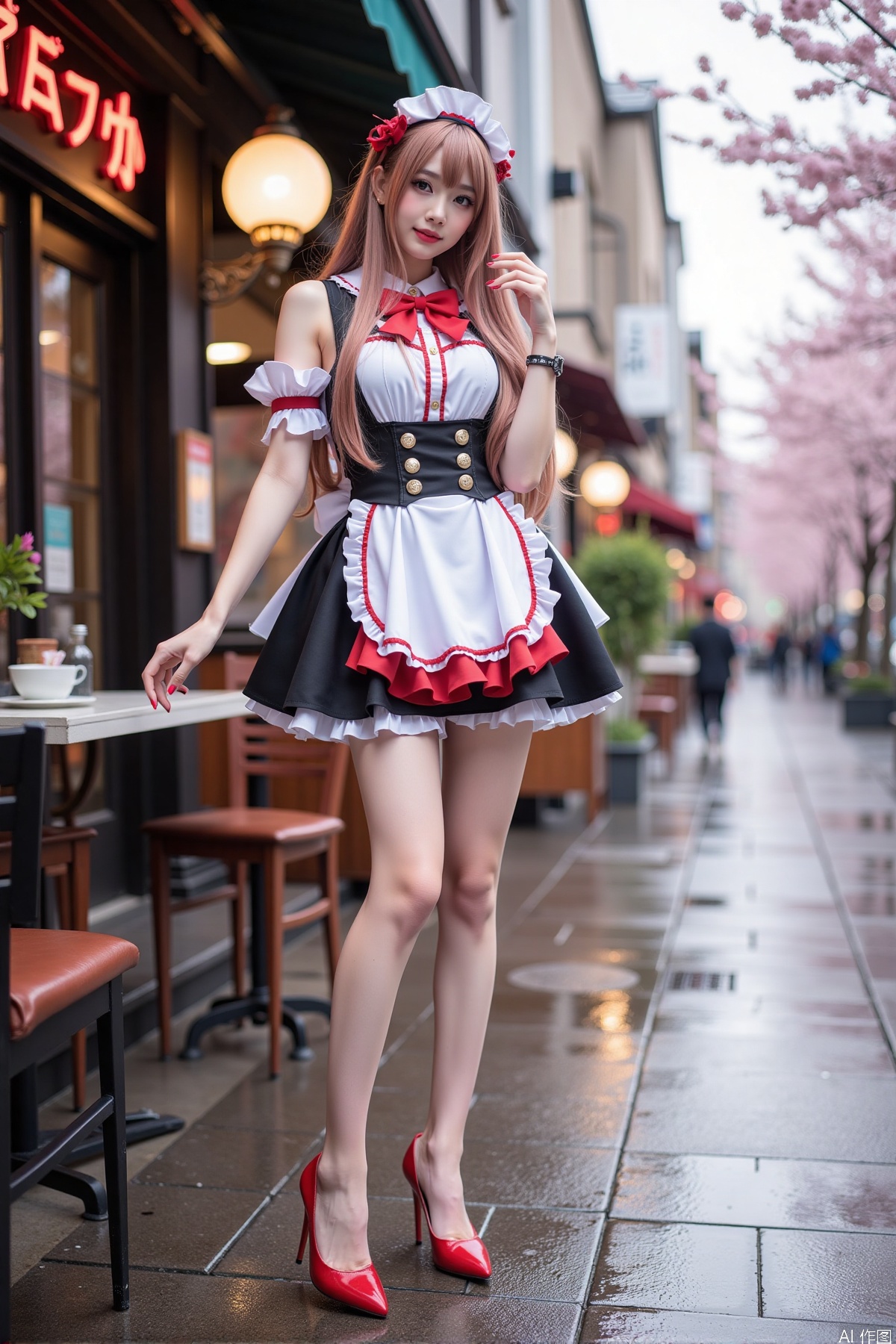 Realistic photo of a young woman with long hair, fair skin, big breast, cosplay dress, torn pantyhose, long legs, red high heels, wet modern streets, cafe, cherry blossoms,