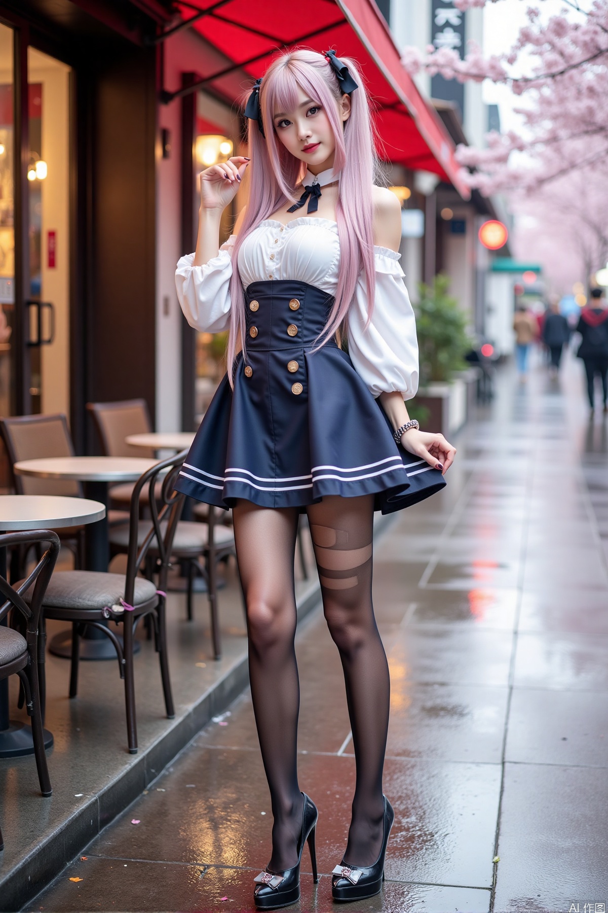 Realistic photo of a young woman with long hair, fair skin, big breast, cosplay dress, torn pantyhose, long legs, high heels, wet modern streets, cafe, cherry blossoms,