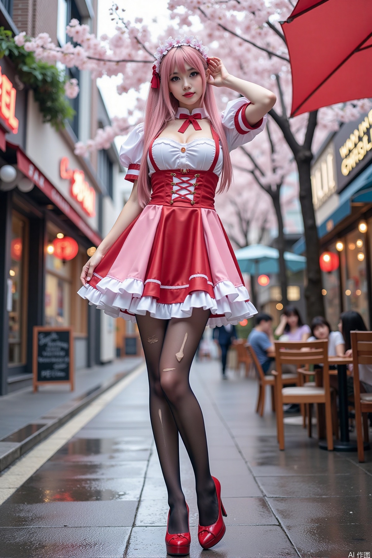 Realistic photo of a young woman with long hair, fair skin, big breast, cosplay dress, (torn pantyhose), long legs, red high heels, wet modern streets, cafe, cherry blossoms,