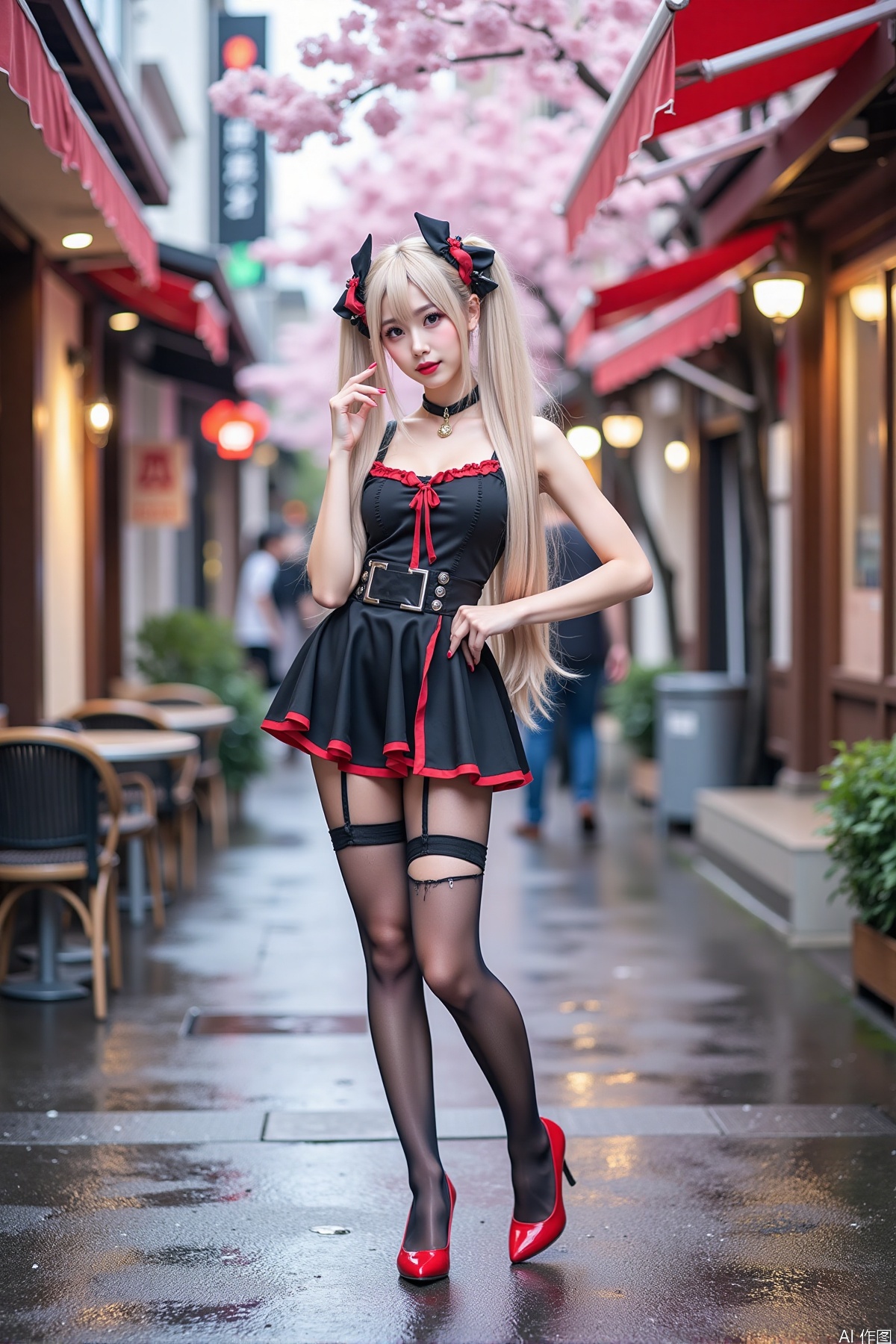 Realistic photo of a young woman with long hair, fair skin, big breast, cosplay dress, (torn pantyhose), long legs, red high heels, wet modern streets, cafe, cherry blossoms,