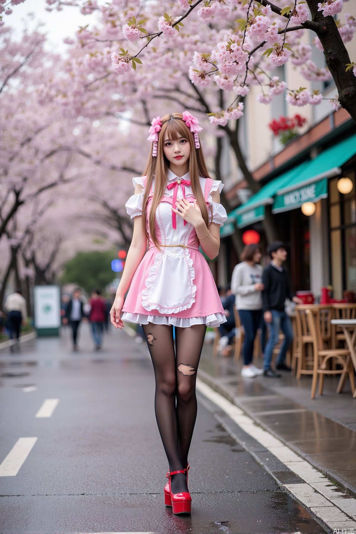 Realistic photo of a young woman with long hair, fair skin, big breast, cosplay dress, torn pantyhose, long legs, red high heels, wet modern streets, cafe, cherry blossoms,